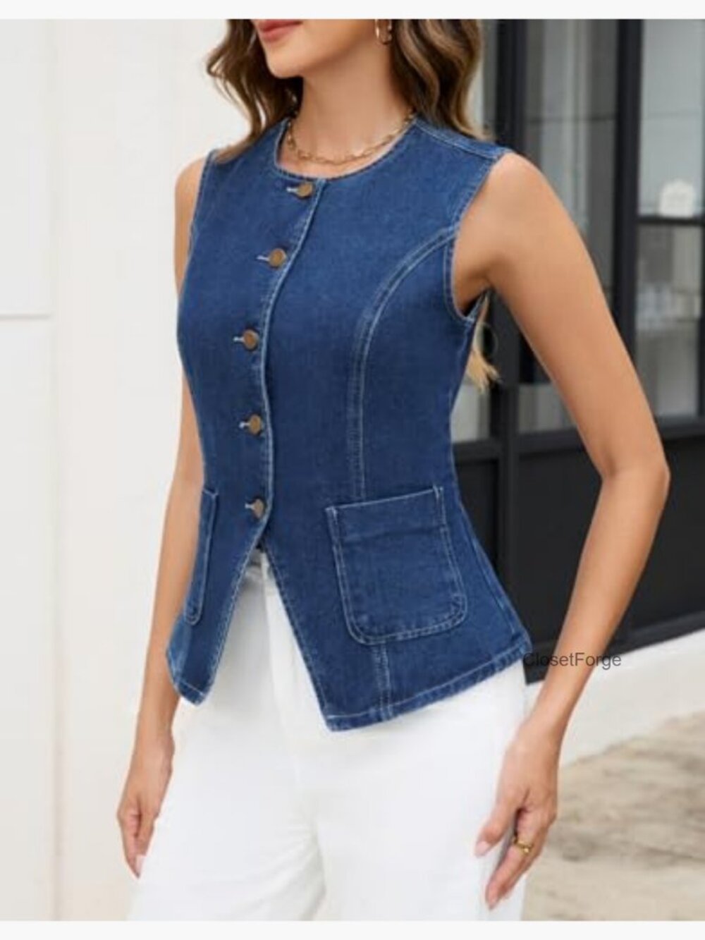Sleeveless Denim Vest Top Button Down Western Waistcoat - Picture 4 of 7